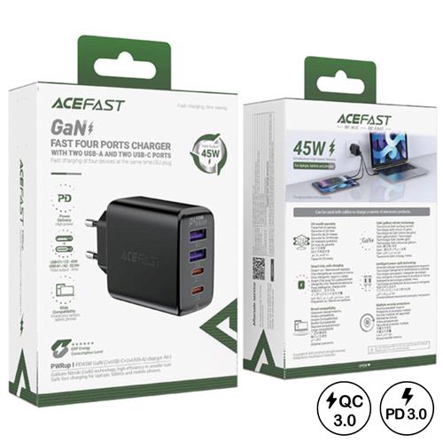 Cargador USB-C  Acefast A61 PD45W GaN 2x USB-C+ 2x USB-A Negro