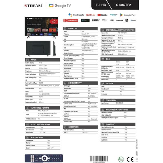 Televisor 40" STREAM SYSTEM Google Tv Full HD (S40GTF2)