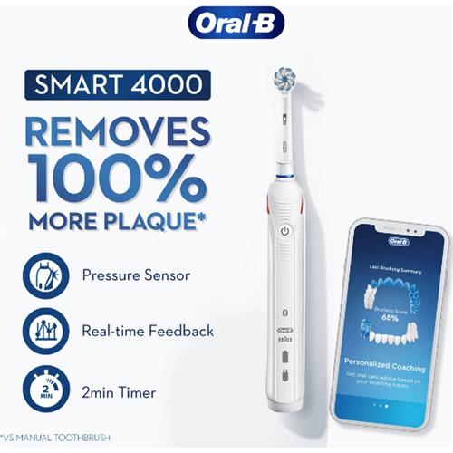 Braun Oral-B Cepillo Pro Smart 4 4000 Bluetooth  Blanco con Estuche de Viaje (D601.525.3P)