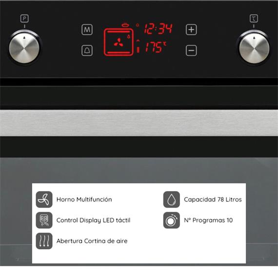 Svan SVH375N Horno 78L 10F Guia Display Tactil Cristal Negro