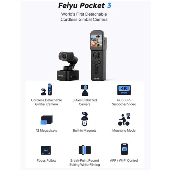 FeiyuTech Pocket 3 Kit Cámara Vlog 4k 60fps estabilizada con seguimiento por IA
