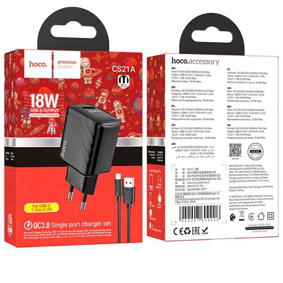Cargador USB 18W Hoco CS21A QC 3.0 + Cable USB-C Negro