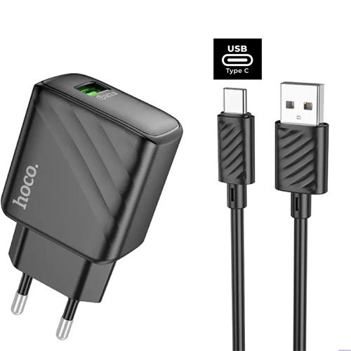 Cargador USB 18W Hoco CS21A QC 3.0 + Cable USB-C Negro