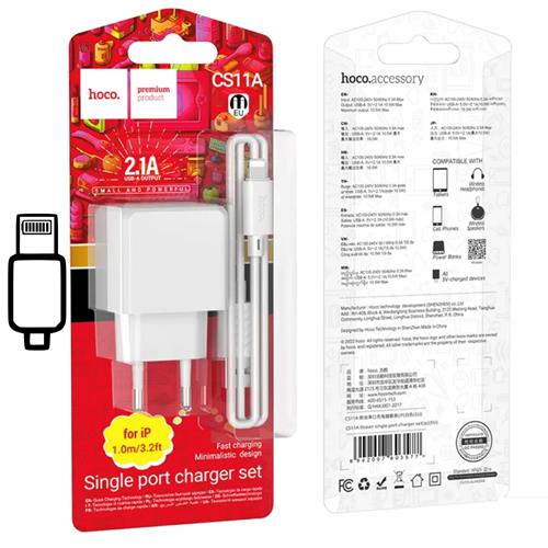 Cargador USB 2.1 Amp Hoco CS11A + Cable Lightning Blanco