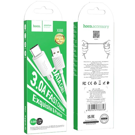 Cable USB a USB-C 1 metro 3 amp Hoco X88 Blanco