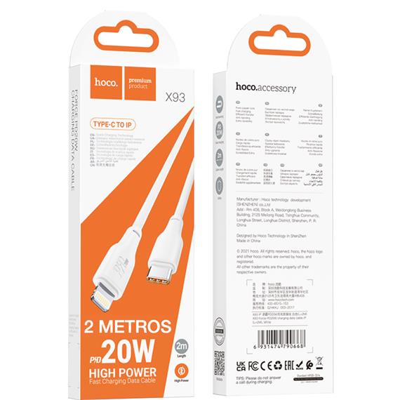 Cable USB-C a Lightning 2 metros 20W Hoco X93 Blanco