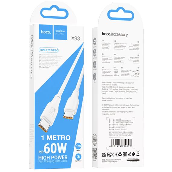Cable USB-C a USB-C 1 metro 60W Hoco X93 Blanco
