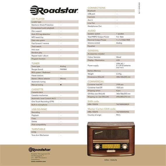 ROADSTAR HRA-1500/N RADIO AM/FM VINTAGE DE MADERA