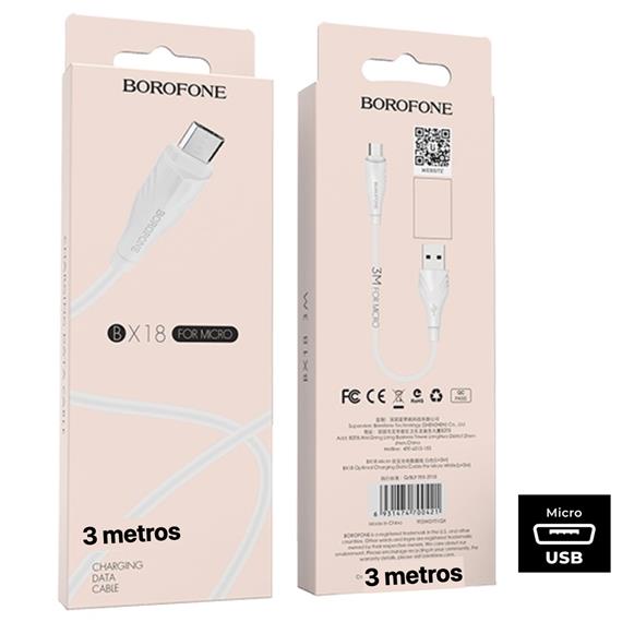Cable USB A, a Micro USB de 3 METROS Borofone BX18 Blanco