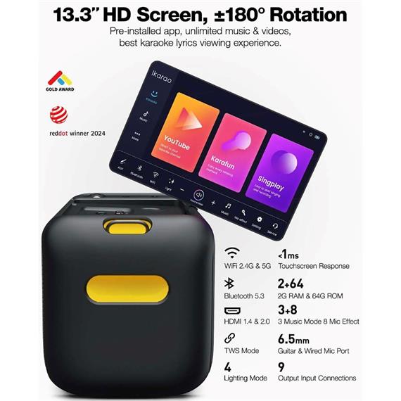 Ikarao Break X1 Altavoz Karaoke Recargable con Pantalla 13.3" 800W y 2 Micros