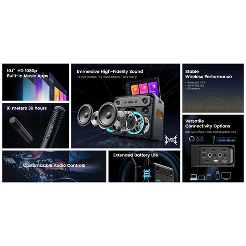 Ikarao Break X2 Altavoz Karaoke Recargable con Pantalla 10.1" 600W y 2 Micros