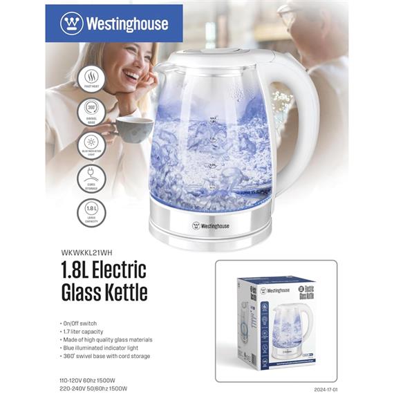 Westinghouse WKWKKL21WH Hervidor de Cristal 1.8 Litros 1.500W Sin Cable