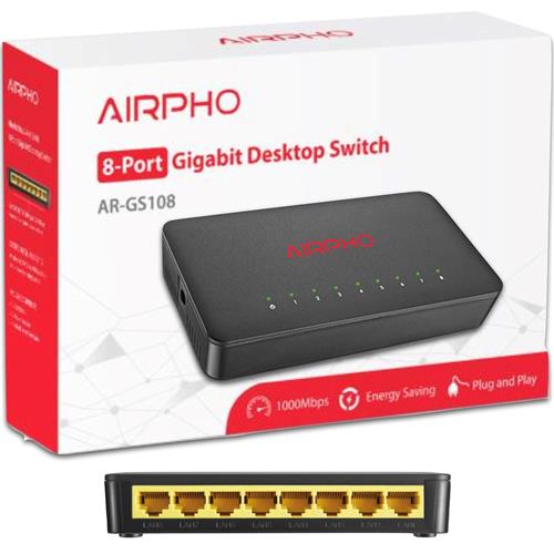 AIRPHO AR-GS108 Switch Gigabit de 8 Puertos 10Mbps 100Mbps 1000Mbps