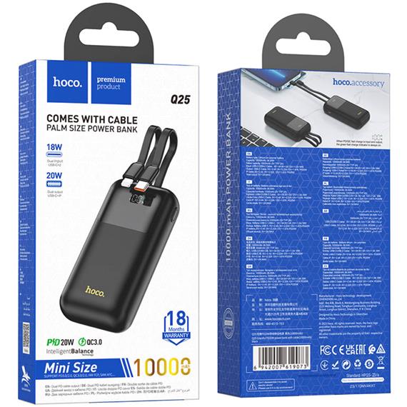 Hoco Q25 Powerbank 10.000mAh PD20W+QC3.0 con Cables de Carga Negro