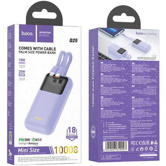 Hoco Q25 Powerbank 10.000mAh PD20W+QC3.0 con Cables de Carga Púrpura