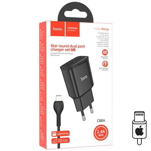 Hoco C88A Cargador Star Round Dual Port + Cable Lightning Black