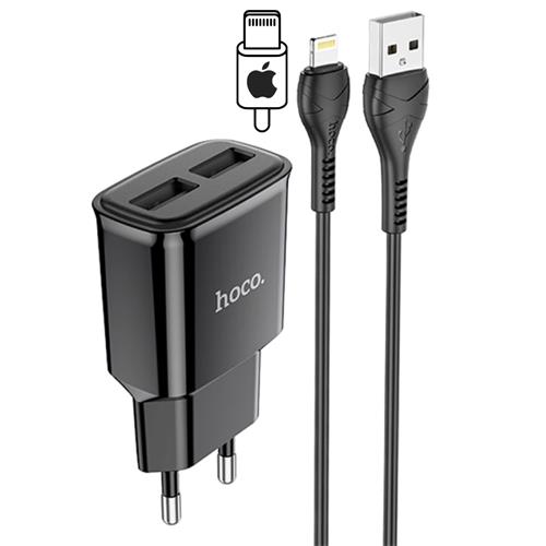 Hoco C88A Cargador Star Round Dual Port + Cable Lightning Black