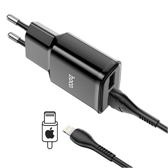 Hoco C88A Cargador Star Round Dual Port + Cable Lightning Black