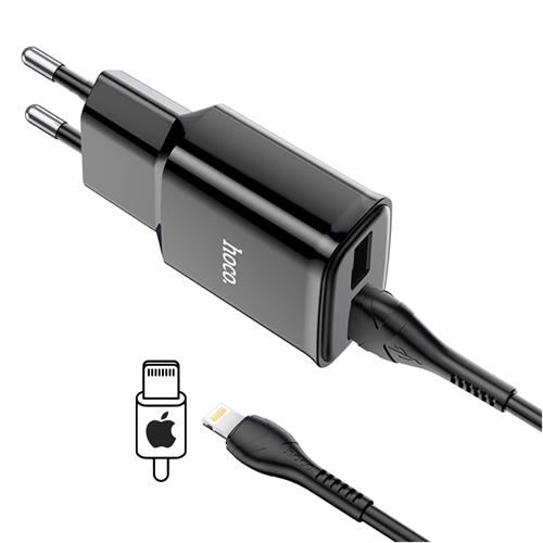 Hoco C88A Cargador Star Round Dual Port + Cable Lightning Black
