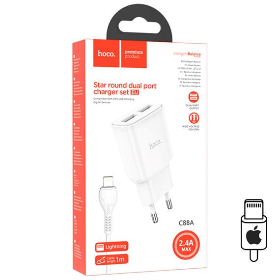 Hoco C88A Cargador Star Round Dual Port + Cable Lightning White