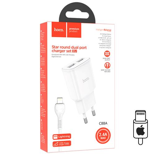Hoco C88A Cargador Star Round Dual Port + Cable Lightning White