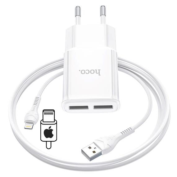Hoco C88A Cargador Star Round Dual Port + Cable Lightning White