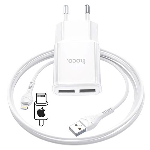 Hoco C88A Cargador Star Round Dual Port + Cable Lightning White