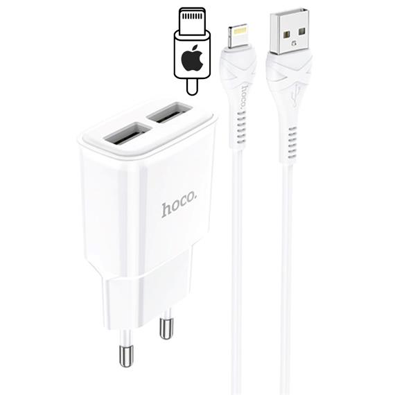 Hoco C88A Cargador Star Round Dual Port + Cable Lightning White