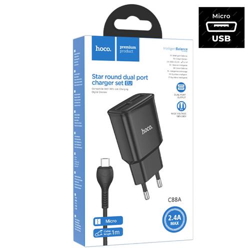 Hoco C88A Cargador Star Round Dual Port + Cable Micro USB Black