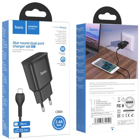 Hoco C88A Cargador Star Round Dual Port + Cable Micro USB Black