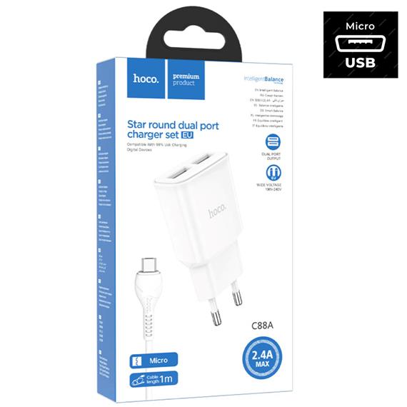Hoco C88A Cargador Star Round Dual Port + Cable Micro White