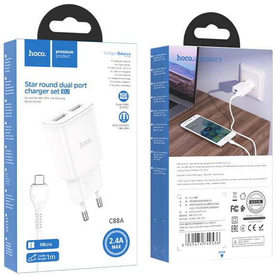 Hoco C88A Cargador Star Round Dual Port + Cable Micro White