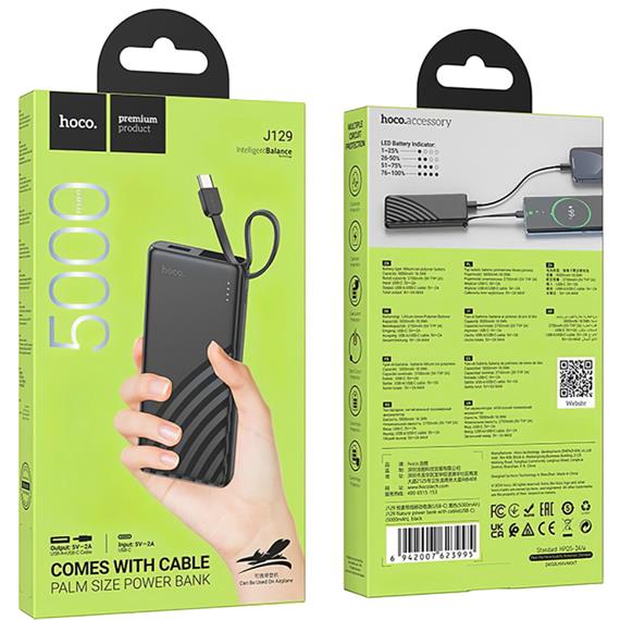 Hoco J129 Powerbank 5.000 mAh con Cable USB-C incluido Negro