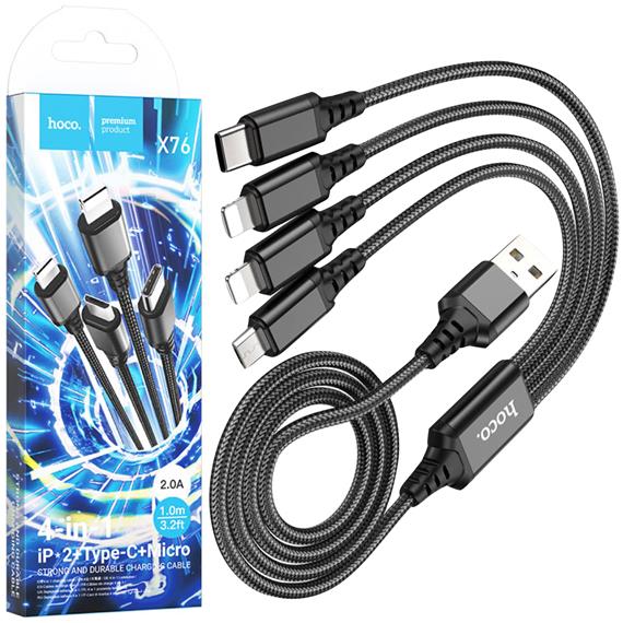Hoco X76 4 in 1 Super Charging Cable (Ip+Ip+Type-c+Micro) Black