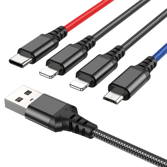 Hoco X76 4 in 1 Super Charging Cable (Ip+Ip+Type-c+Micro) Black/Red/Blue