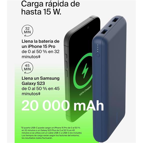 Belkin PowerBank 20.000 mAh 15W 2 x USB-A y 1x USB-C Azul (BPB012BTBL)