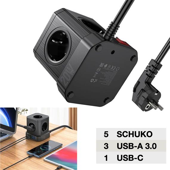 Hoco NS8 Regleta Cubo con 5 Enchufes y 3 Puertos USB 20W