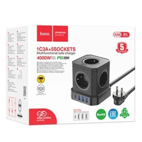 Hoco NS8 Regleta Cubo con 5 Enchufes y 3 Puertos USB 20W