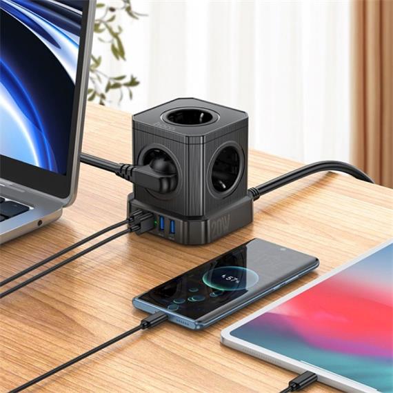Hoco NS8 Regleta Cubo con 5 Enchufes y 3 Puertos USB 20W