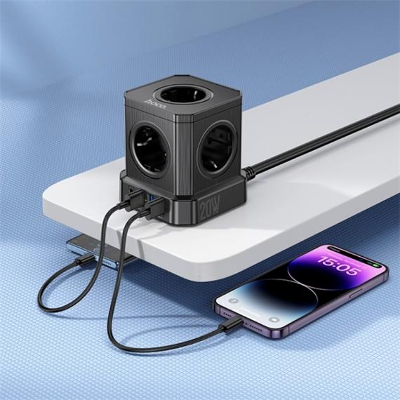Hoco NS8 Regleta Cubo con 5 Enchufes y 3 Puertos USB 20W