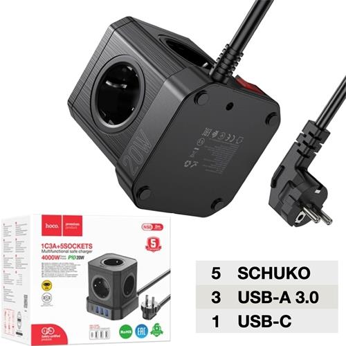 Hoco NS8 Regleta Cubo con 5 Enchufes y 3 Puertos USB 20W