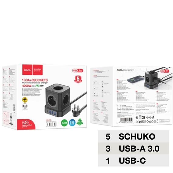 Hoco NS8 Regleta Cubo con 5 Enchufes y 3 Puertos USB 20W