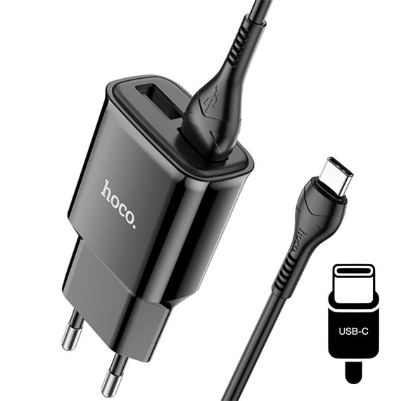 Hoco C88A Cargador Star Round Dual Port + Cable USB-C Negro