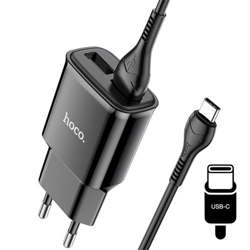 Hoco C88A Cargador Star Round Dual Port + Cable USB-C Negro