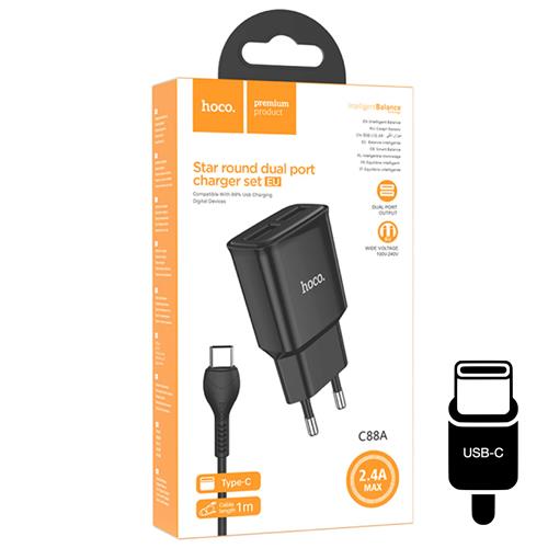 Hoco C88A Cargador Star Round Dual Port + Cable USB-C Negro