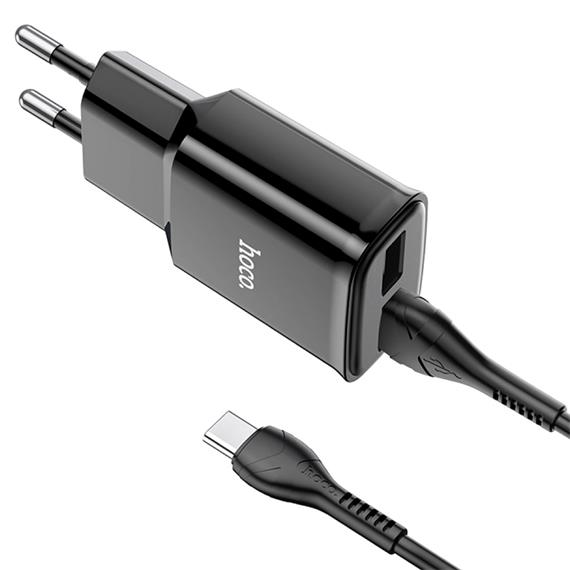 Hoco C88A Cargador Star Round Dual Port + Cable USB-C Negro