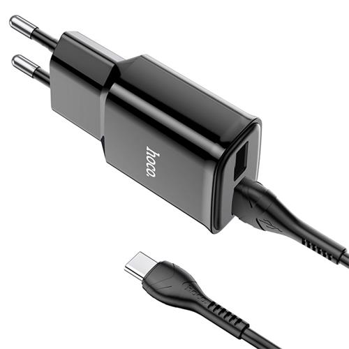 Hoco C88A Cargador Star Round Dual Port + Cable USB-C Negro