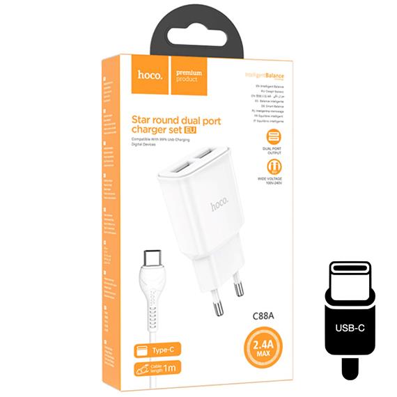 Hoco C88A Cargador Star Round Dual Port + Cable USB-C Blanco