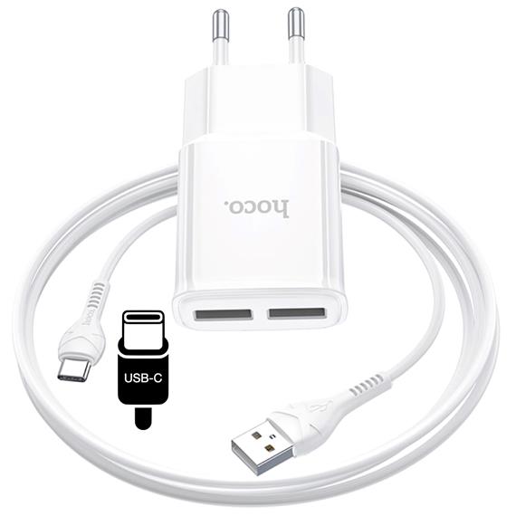 Hoco C88A Cargador Star Round Dual Port + Cable USB-C Blanco