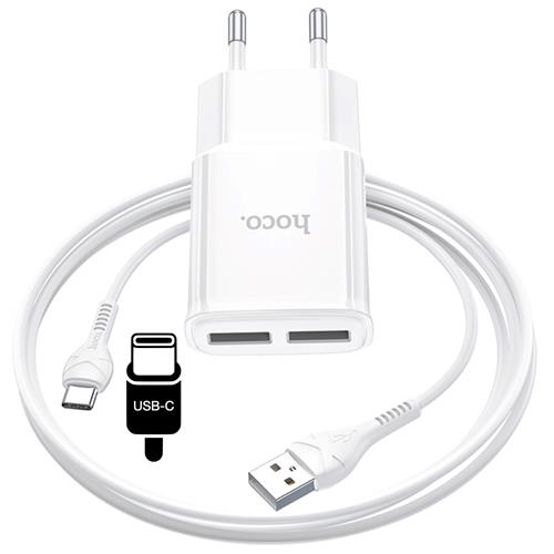 Hoco C88A Cargador Star Round Dual Port + Cable USB-C Blanco